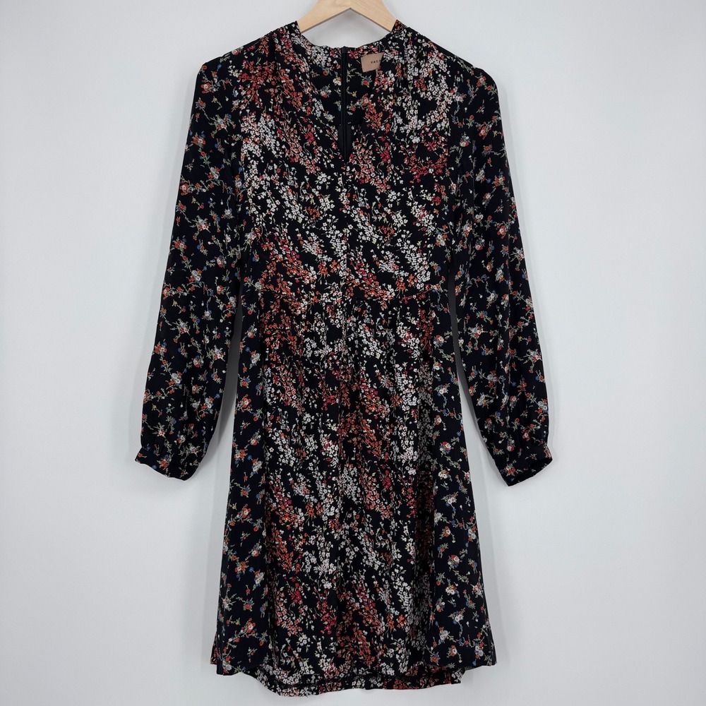 Anthropologie Kachel Silk Floral Mini Dress Womens 2‎ Black V-Neck Long Sleeve